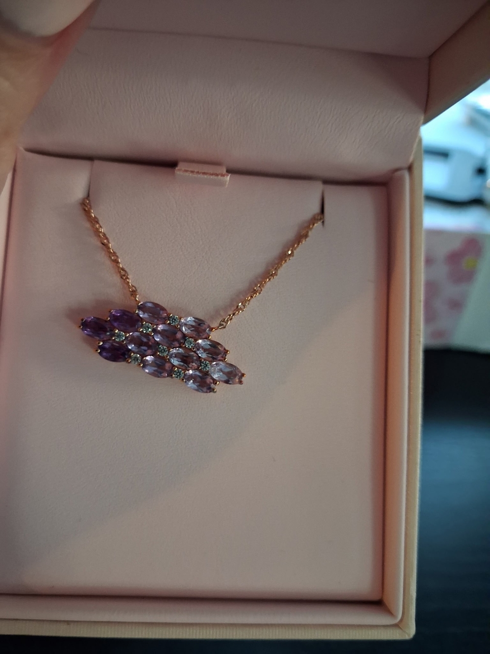 Gold-Tone Necklace with Purple Marquise Crystal Cluster Pendant